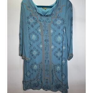 Sigrid Olsen Signature Blue Embroidered Tunic Dress Size 10 Boho India Viscose